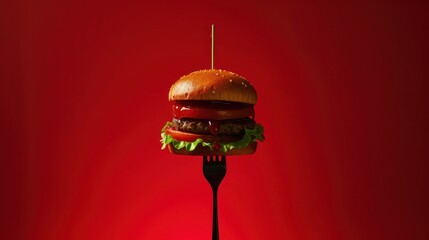 a hamburger on a fork with a red background