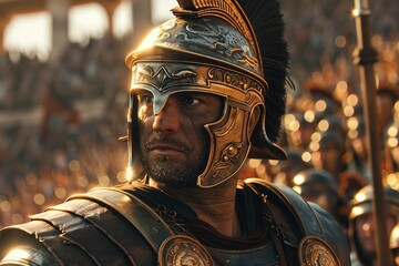 fierce Roman gladiator, illuminated by a glowing trident, stands poised for battle in the Colosseum, his plumed helmet and intricately engraved armor reflecting the cheers of the crowd.