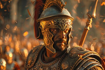 fierce Roman gladiator, illuminated by a glowing trident, stands poised for battle in the Colosseum, his plumed helmet and intricately engraved armor reflecting the cheers of the crowd.