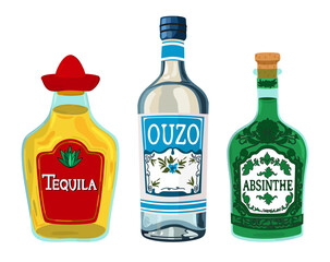 Vector collection of alcohol drinks. Bottles isolated on white background. Tequila, ouzo, absinthe