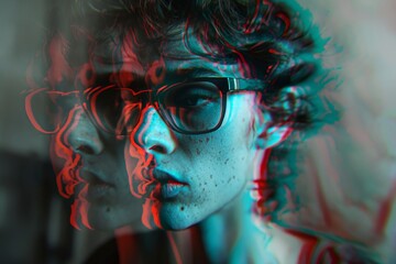 A close-up of an individual's face is manipulated with a red-cyan 3D anaglyph effect for a surreal look