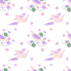Birds among flowers.Floral Seamless pattern in pastel colors.Flat vector illustration