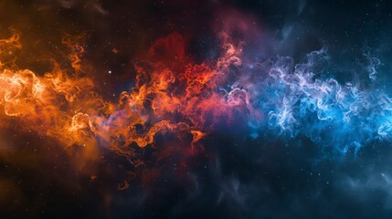 Fototapeta premium An ethereal illustration of nebula smoke and fire, swirling in vibrant red and blue hues, set against a stark black backdrop. The red and blue lights clash in a dramatic dance, symbolizing conflict.