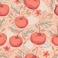 Orange seamless vector pattern with the image of summer fruit apples quince with leaves