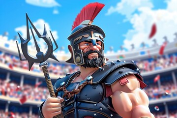 cartoon In the heart of the Colosseum, a Roman gladiator, his net and trident imbued with an otherworldly glow, prepares to face the challenge