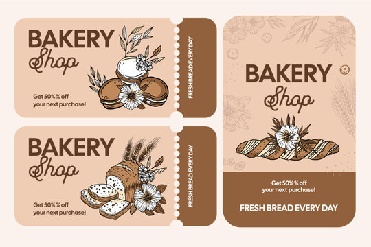Bakery shop bread macaroon dessert coupon card. Vector baking business promotion