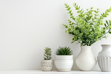 A variety of potted indoor plants aligned on a white shelf with a clean white background creating a fresh and tranquil scene