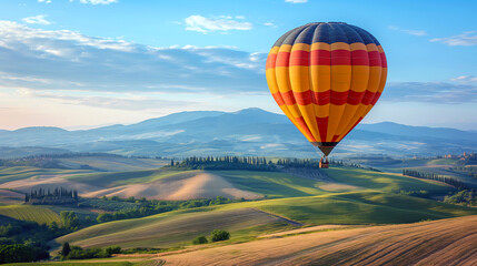 Naklejka premium A hot air balloon floats over a scenic landscape featuring rolling hills, fields with varying shades of green and brown, cypress trees, and distant mountains under a clear sky.