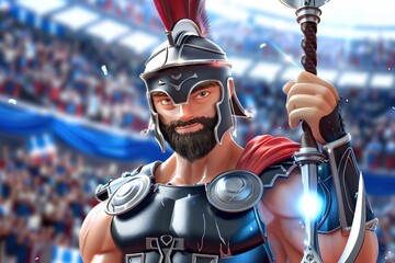 cartoon In the heart of the Colosseum, a Roman gladiator, his net and trident imbued with an otherworldly glow, prepares to face the challenge