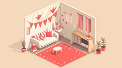 Isometric view of a Canadian living room decorated for Canada Day.