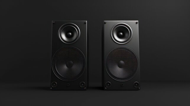 Pair Of Black Loud Speakers Isolated on black background. Generative AI