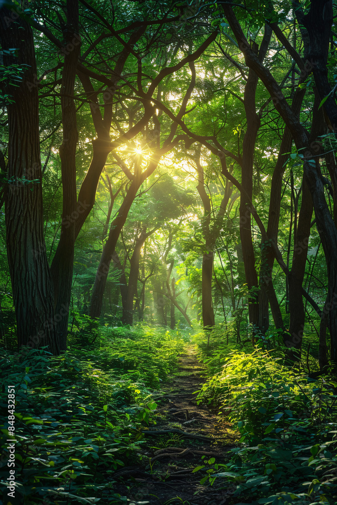 Poster serene forest path with sunlight filtering through the dense canopy of green trees