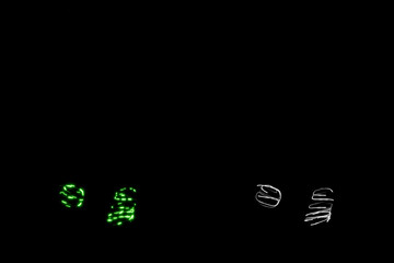 Punctuation marks made of many thin transparent tubes with green neon light lines inside with clipping mask, 3d rendering