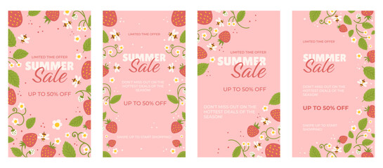 Set of vibrant summer sale banners, social media story, pink background with strawberries, white flowers, green leaves, and bees. Banner promotes limited time offer, highlighting seasonal deals.