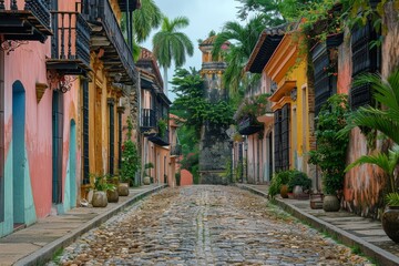 Cobblestone Street Lined With Historic Homes and Lush Greenery in Charleston, South Carolina