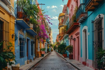 Obraz premium Cobblestone Street Lined With Historic Homes and Lush Greenery in Charleston, South Carolina