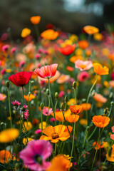 Fototapeta premium A vibrant field of various flowers in full bloom with red, orange, yellow, and pink blossoms