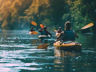Highlighting a group of friends kayaking on a peaceful river, enjoying a leisurely paddle amidst scenic natural surroundings 
