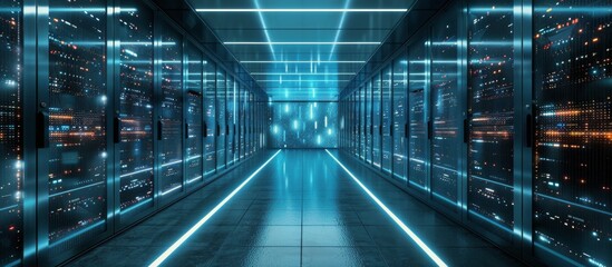 Fototapeta premium Modern Data Center Server Room With Blue Neon Lights