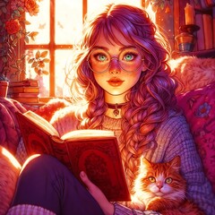 Lofi illustration of an anime girl with glasses reading a book with a cat sitting on her lap