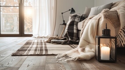 a cozy home interior with a sofa draped in a plaid blanket, adorned with pillows, set against a wall adorned with lanterns on a wooden floor.