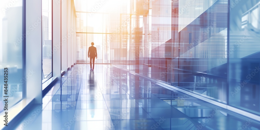Aufkleber man standing in a hallway in a building with a lot of windows and a sky background