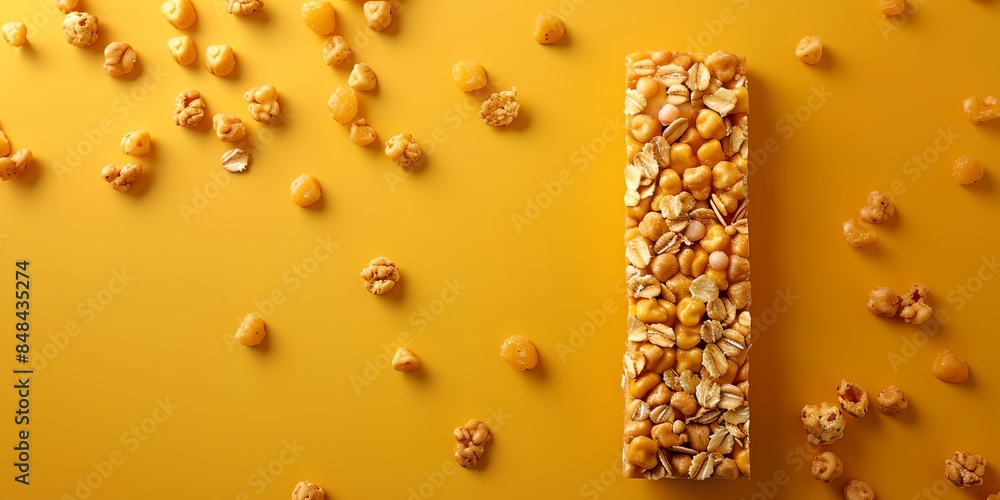 Poster bar of cereal on a yellow background with scattered nuts around it