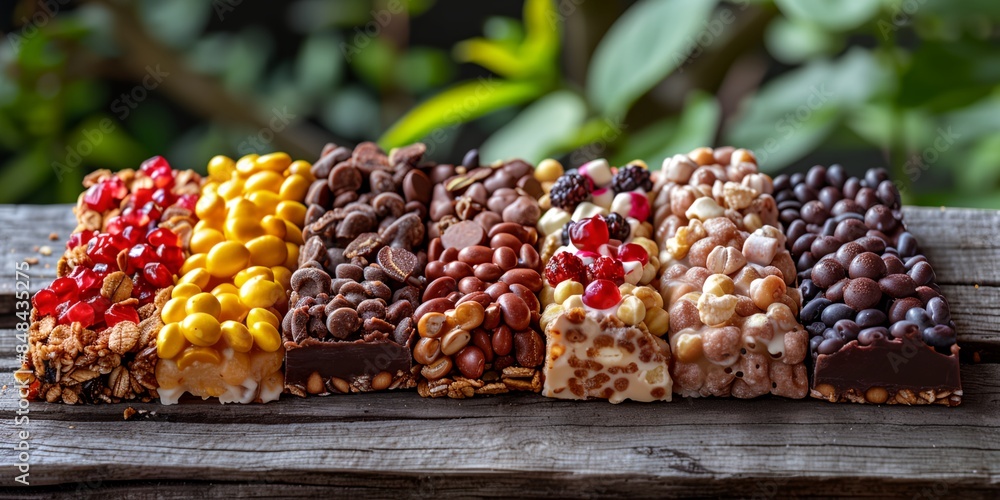 Poster a row of different types of candy bars on a wooden table with a green background