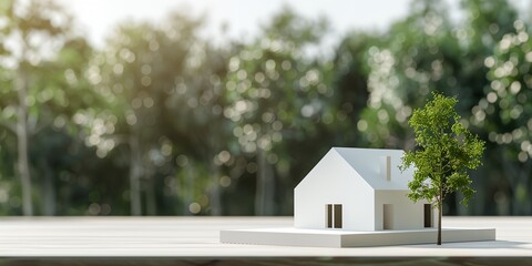 a small house with a tree in the middle of it on a table with a blurry background