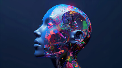 Digital human profile with circuit elements. Futuristic AI concept with digital design.