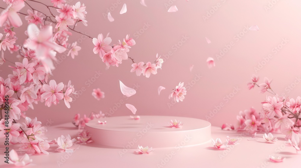 Poster pink minimal style product display podium on sakura pink background with flowers petals dropping, ab