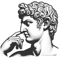 classical greek roman statue picking its nose, blending art and comedy sketch engraving generative ai fictional character vector illustration. Scratch board imitation. Black and white image.
