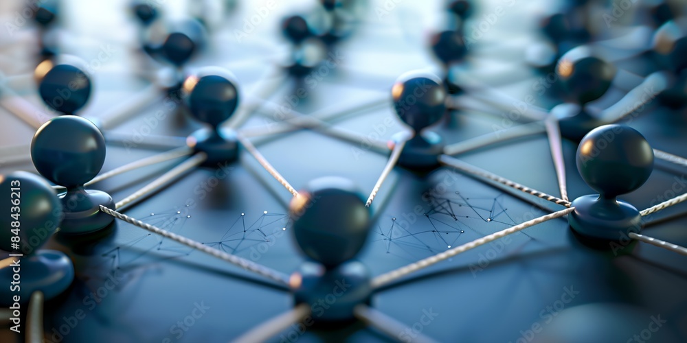 Poster group of pins connected to each other on a table top
