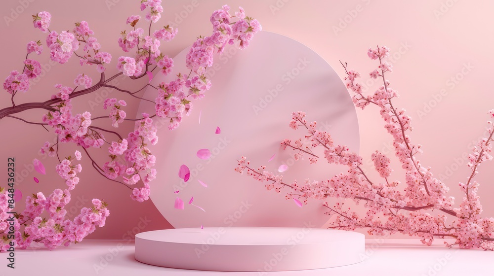 Poster pink minimal style product display podium on sakura pink background with flowers petals dropping, ab