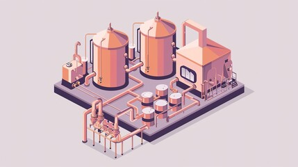 Isometric illustration of a brewery with tanks, pipes, and equipment.
