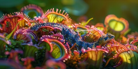 Fototapeta premium A bright green chameleon is hiding among colorful carnivorous plants. AI.