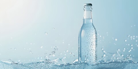 bottle of water with water splashing around it on a blue background