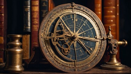 Antique Astronomical Instrument in Library Setting