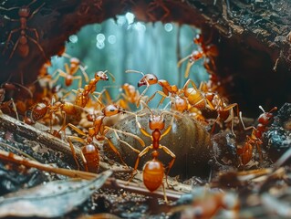 Close-up of a colony of red ants carrying food into their nest. AI.