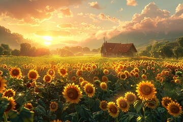 Dawn-lit sunflower field with golden petals and soft morning sky.
