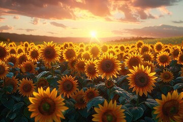 Fototapeta premium Golden-lit sunflower field at dawn, with soft morning gradient.