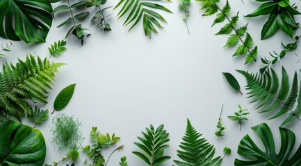 Green Leaves Frame on White Background for Summer Design
