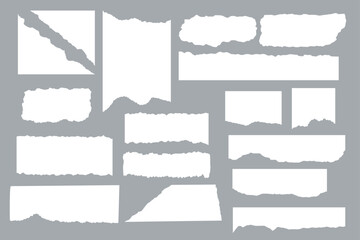 Collection of sheets of torn paper. Place for textbox, frame, speak bubbles. Set of scraps. Notebook and collage. Template. Pieces. Jagged edges. Newspaper. Trendy modern design. Doodle elements