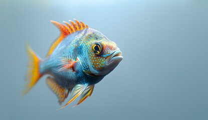 Blue and yellow fish swimming in aquarium. Generative by AI