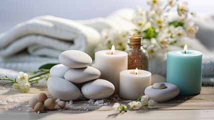 Fototapeta na wymiar towels, flowers and burning candles, spa concept
