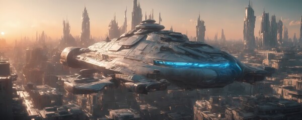 Futuristic SciFi spaceship in future city with sunset. Extremely detailed concept design illustration
