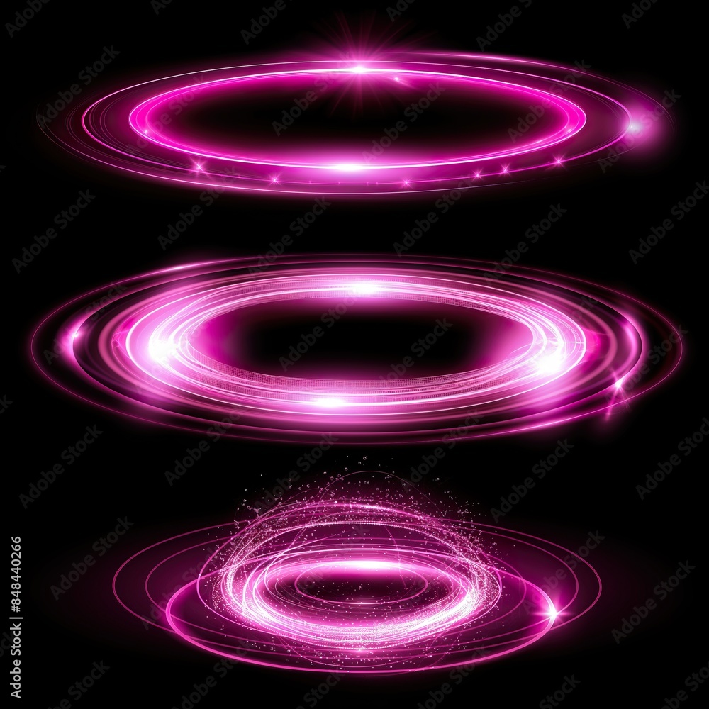 Wall mural abstract background with glowing lines. pink hologram portals isolated on black.