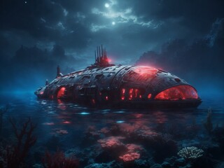 "Ultra-Realistic 8K Art of Submerged Alien Spaceship in Deep Sea Darkness with Mysterious Moonlit Sky and Red Clouds"
