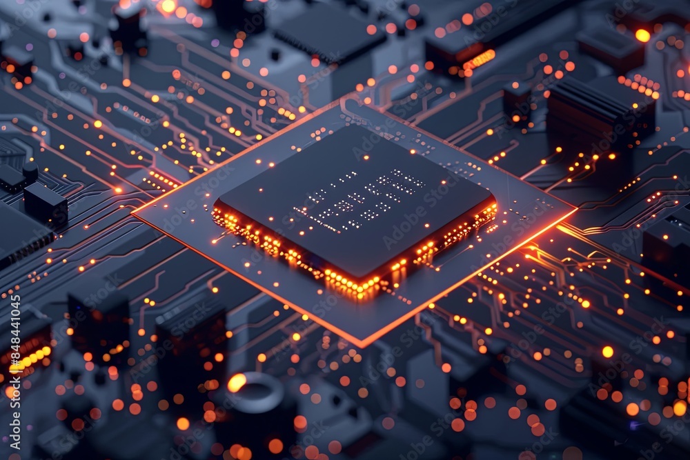 Poster a close-up shot of a modern microprocessor or chip on a motherboard, surrounded by intricate digital