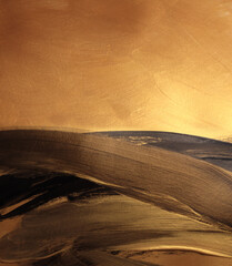 Black, Gold glitter ink smear brushstroke Wave blot glow texture painting background.